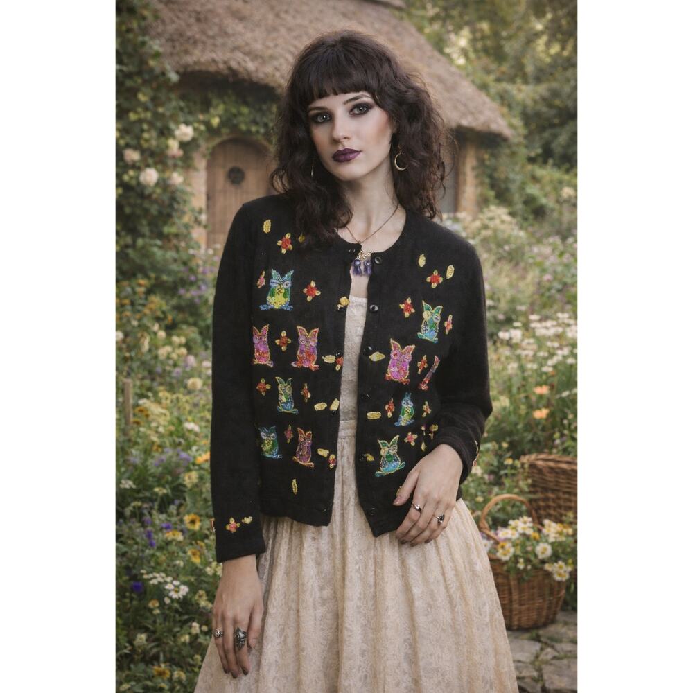 Vintage Black Owl Sweater Cardigan Beaded Sequin Embroidered Boho Size M